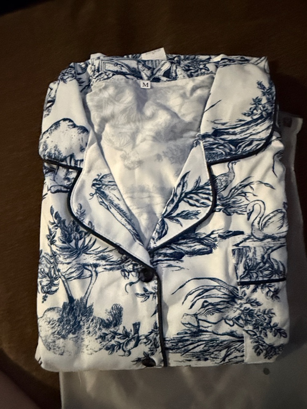 SHEIN White and Navy Blue Printed Satin Pajama Top